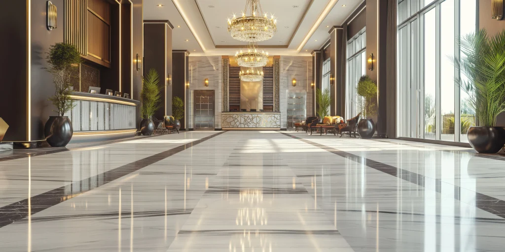 a large lobby with a chandelier and a marble floor